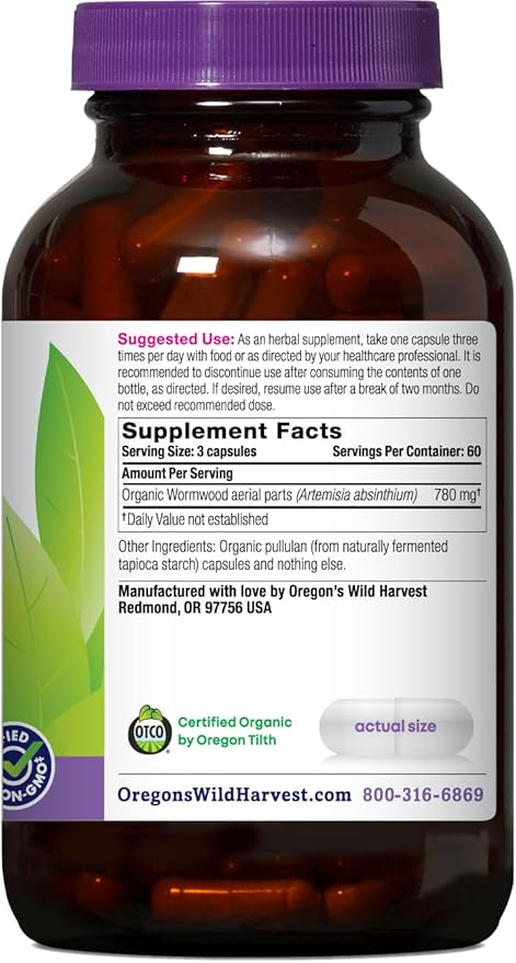 Oregon's Wild Harvest Wormwood Herbal Supplement – Organic Digestion Support, Non-GMO, Gluten-Free, 180 Vegan Capsules