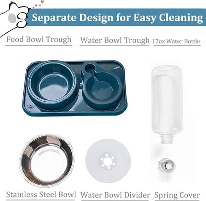 Dog Bowls, Non-Slip Puppy Cat Food and Water Bowl Set with Water Dispenser and Stainless Steel Bowl Detachable Gravity Pet Feeder and Waterer Set for Cats Dogs Puppy Rabbit (Green, 1000ML)