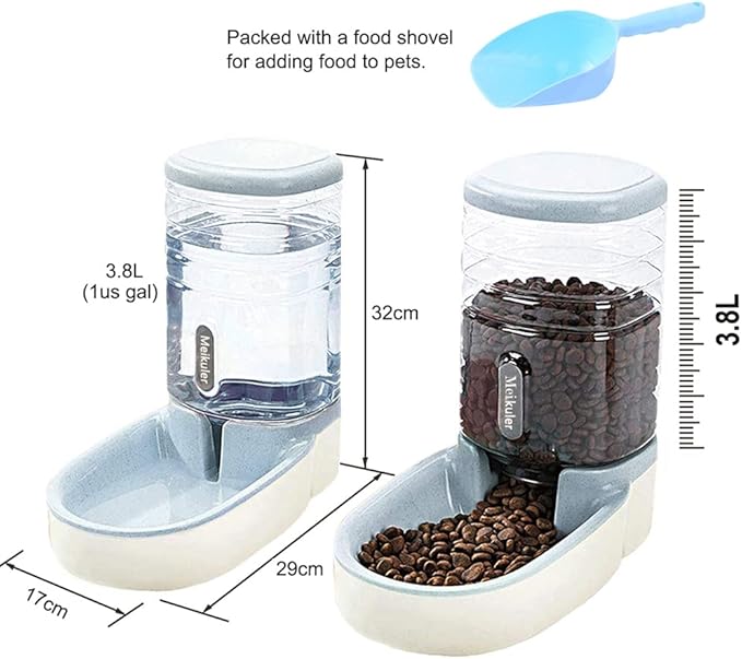 Meikuler Automatic Dog Cat Feeder and Water Dispenser Set,Waterer and Gravity Food Feeder for Small & Medium Dogs Cats Puppies,Large Capacity 1 Gallon x 2 (Grey)