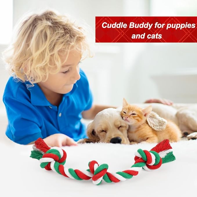 SZEE Dog Rope Toy, 14 in 3 Knots Christmas Dog Chew Toys for Medium and Small Dogs, Pull Toy for Tug of War and Teeth Cleaning (Red & Green)