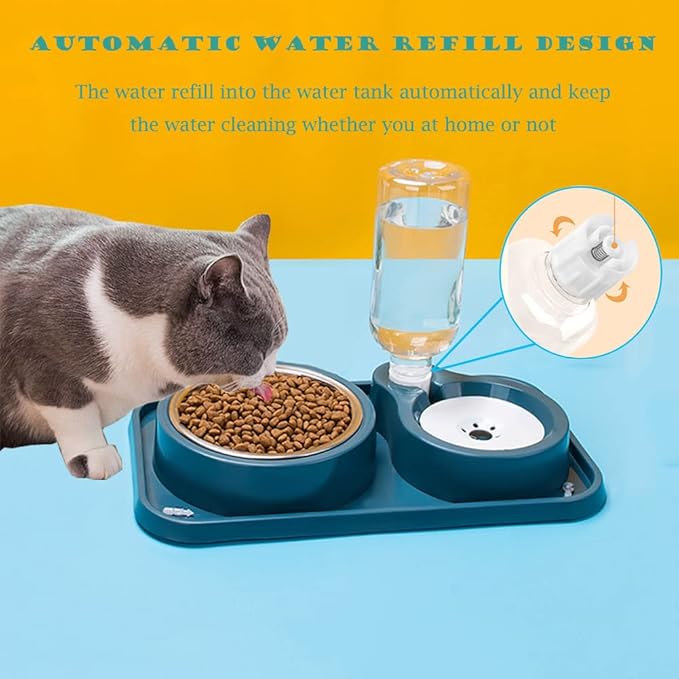 JiangYanus Double Dog Cat Bowls, Pet Water and Food Bowl Set with Automatic Water Dispenser Bottle Detachable Stainless Steel Bowl, Gravity Water Feeder Bowl No-Spill for Cats Dogs Puppy Kitten Rabbit