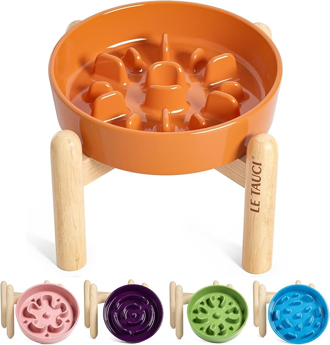 LE TAUCI Ceramic Slow Feed Dog Bowls, Elevated, Anti-Gulping, Non-Slip, 6 inch, Orange