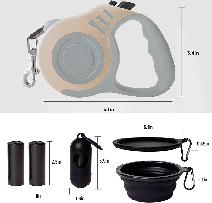Retractable Dog Leash Automatic Telescopic Tractor Dog Tape, Pet Tape 10/16 FT Durable and Convenient, with Folding Bowl, Dispenser, Rubbish Bags, Suitable for Small and Medium Dogs
