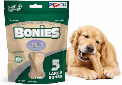Green Pet Organics BONIES Natural Calming Formula Dog Treats - Contains Chamomile & Lavender, Help Anxiety, Excessive Barking & Trembling, Chicken Flavor, Large, 5 Bones