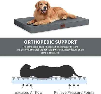 Outdoor Orthopedic Dog Bed, Waterproof Dog Bed for Large Dogs 36x27 Inch, Egg Crate Foam Pet Mat with Washable Removable Oxford Cooling Cover, Grey