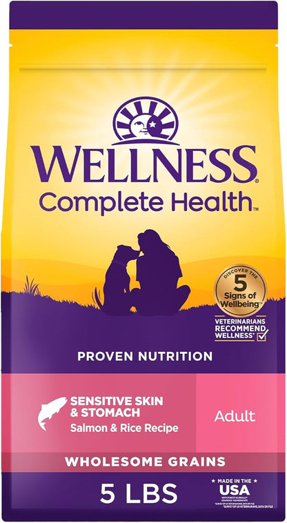 Wellness Complete Health Sensitive Skin and Stomach Dry Dog Food, Wholesome Grain Kibble, Natural, Chicken Free, Salmon and Rice Recipe, 5 lb Bag