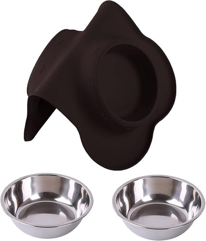 Hubulk Pet Dog Bowls 2 Stainless Steel Dog Bowl with No Spill Non-Skid Silicone Mat + Pet Food Scoop Water and Food Feeder Bowls for Feeding Small Medium Large Dogs Cats Puppies (X- Large, Chocolate)