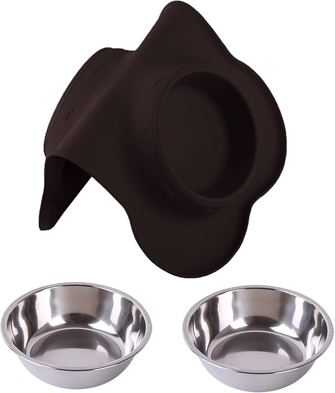 Hubulk Pet Dog Bowls 2 Stainless Steel Dog Bowl with No Spill Non-Skid Silicone Mat + Pet Food Scoop Water and Food Feeder Bowls for Feeding Small Medium Large Dogs Cats Puppies (Medium, Chocolate)