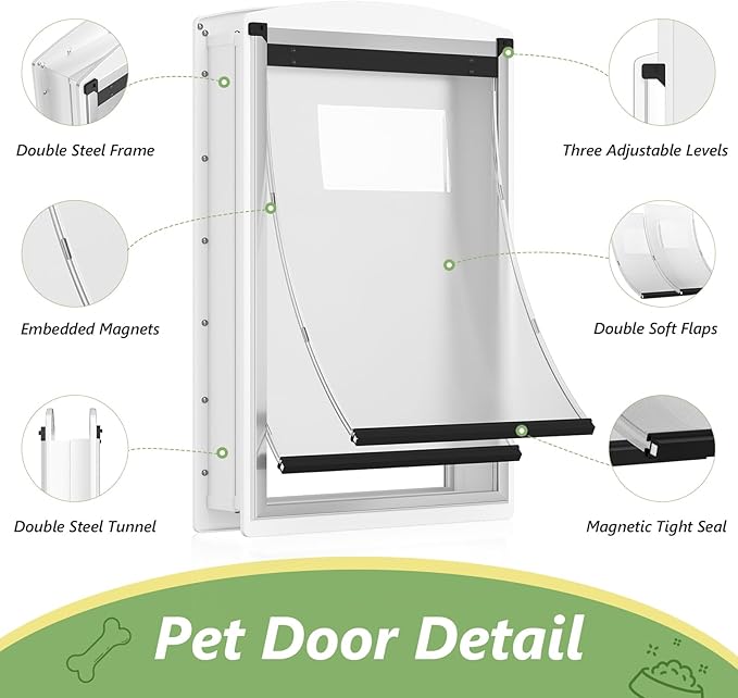 [Classicmacher] Dog Door for Door, All-Stainless Steel Frame Doggie Door with Double Soft Flaps and 2 Sliding ABS Panels, Easy to Install, Perfect for Large Dogs Under 110 LBS (White, Double Flaps)
