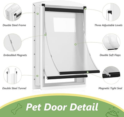 [Classicmacher] Dog Door for Door, All-Stainless Steel Frame Doggie Door with Double Soft Flaps and 2 Sliding ABS Panels, Easy to Install, Perfect for Large Dogs Under 110 LBS (White, Double Flaps)