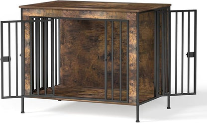 Dog Crate Furniture Heavy Duty for Large Dog, Sturdy Indoor Kennel Table with Dual Doors, Elevated Robot Vacuum Friendly Base, Decorative Cage TV Stand & End Table, Rustic Brown