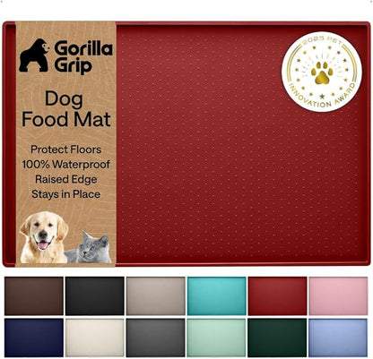GORILLA GRIP 100% Waterproof Raised Edge BPA Free Silicone Pet Feeding Mat, Dog Cat Food Mats Contain Spills Protects Floors, Placemats for Cats and Dogs Water Bowl, Pets Accessories 32x24 Red
