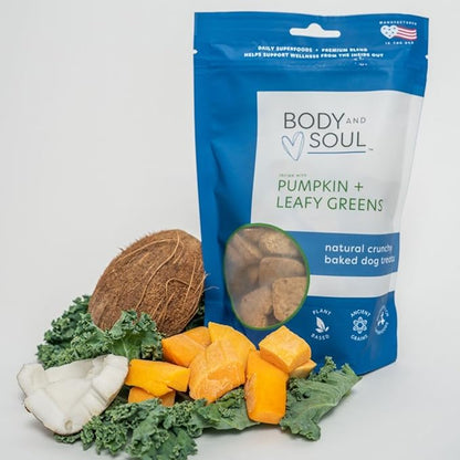 Body and Soul Pumpkin + Leafy Greens Crunchy Premium Healthy Training Dog Treat Superfood Oven Baked Biscuits Oats, Barley & Quinoa Clean Natural Plant Protein, No Additives No Filler Made in USA 10oz