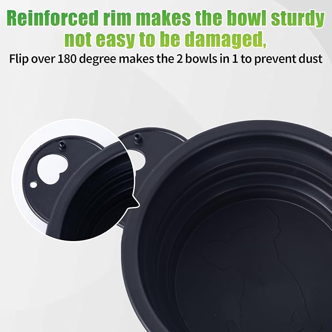 SLSON Collapsible Dog Dual Bowls Reinforced Rim 180 Degrees Flip Over Foldable Double Bowl with Lock Clips More Stable Dog Travel Bowls Pet Food Water Feeder (Black)
