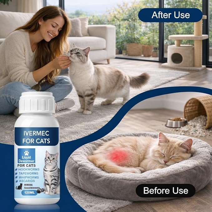 lvermect Dewormer Liquid for Cats, Cat Dewormer, Digestive Cleanser Treatment, Broad Spectrum for All Wormer, Round Worms, Pin Worms, Hookworms, Lung Worms, Cats Internal Balance Support