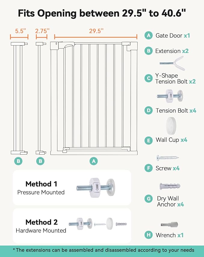 COMOMY 36" Extra Tall Baby Gate for Stairs Doorways, Fits Openings 29.5" to 40.6" Wide, Auto Close Sturdy Safety Dog Gate for House, Pressure Mounted Easy Walk Through Pet Gate with Door, White