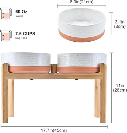 SPUNKYJUNKY Elevated Dog Bowls Ceramic, 8.3'' Dogs Food Water Bowls Raised with Non-Slip Bamboo Stand for Large Sized Breed Microwave Dishwasher Safe - 60 OZ,Pattern White