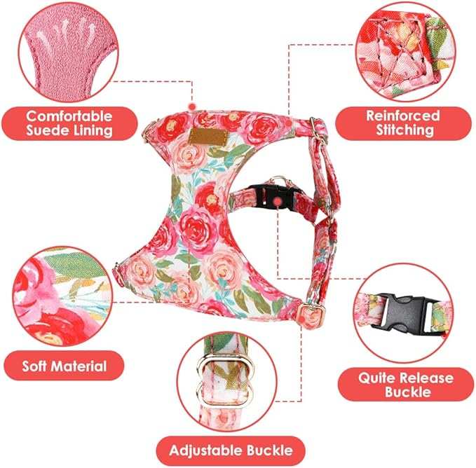 Lukovee Puppy Harness and Leash Set, No Pull Lightweight Soft Suede Adjustable Pet Harness Vest with Snap Buckle for Puppy Small and Medium Size Dog (Pink Rose, XS)