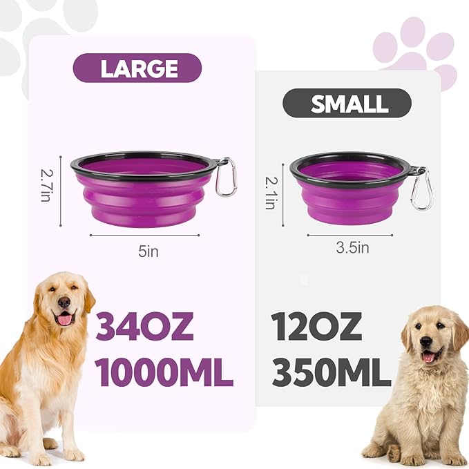 Collapsible Dog Bowl 2 Pack, Dog Water Bowls for Travels, Portable Foldable Pet Bowls Feeding Watering Dish for Parking Walking Camping with 2 Carabiners Clip (12oz, Small, Green+Purple)