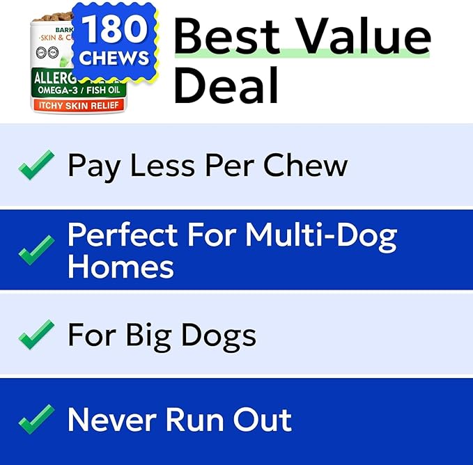 BARK&SPARK Dog Allergy Relief Soft Chews for Skin Health & Seasonal Allergies - Anti-Itch Supplement w/Omega-3, Quercetin & Bromelain Immune Treats for Dry Skin & Hot Spots - Chicken - 180ct