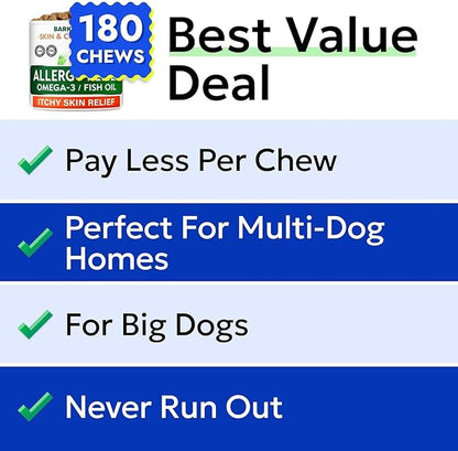 BARK&SPARK Dog Allergy Relief Soft Chews for Skin Health & Seasonal Allergies - Anti-Itch Supplement w/Omega-3, Quercetin & Bromelain Immune Treats for Dry Skin & Hot Spots - Chicken - 180ct