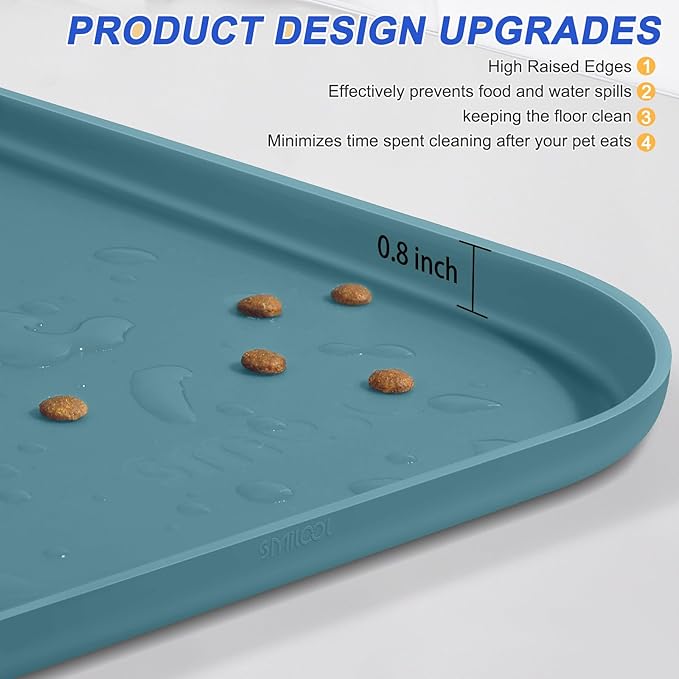 SMILOOL Silicone Pet Feeding Mat with Raised Edge for Food and Water, Dog Bowl Mats, Cat Bowls Placemat with High Lip for Floor Waterproof, Rubber Tray for Cats and Dogs 24 x 16 x0.8 Slate Blue