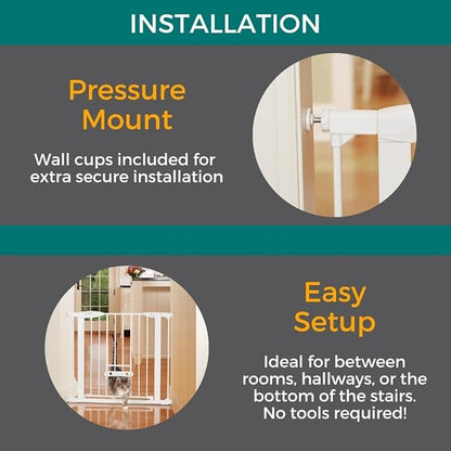 MYPET North States Wide Walk Thru EasyPass Pet Gate with Patented Adjustable pet Door: 29.75-37.5" Wide Dog Gate. Pressure Mount, No Tools Needed. Dog Gates for The House, 30" Tall, White
