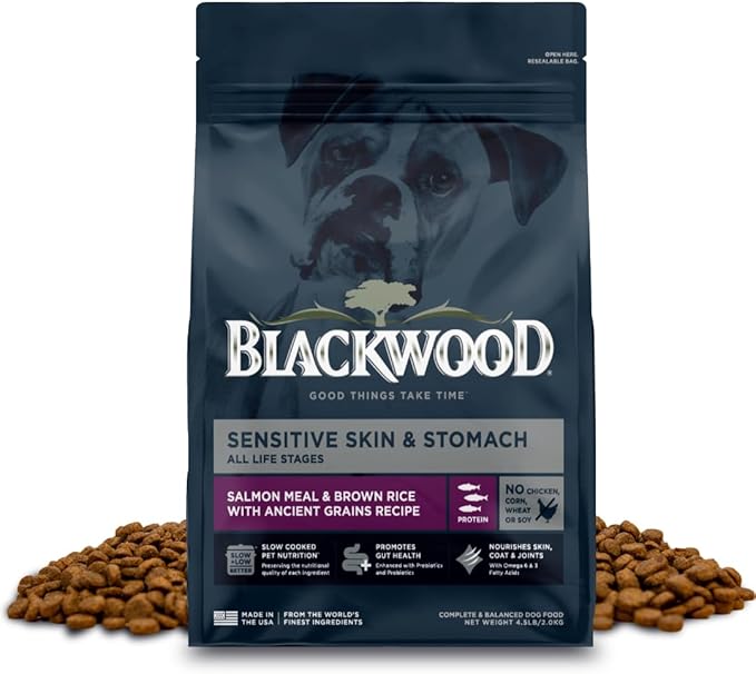 Blackwood Sensitive Skin & Stomach Dry Dog Food, Salmon Meal & Brown Rice with Ancient Grains, 4.5 Pound Bag with Prebiotics & Probiotics to Promote Gut Health