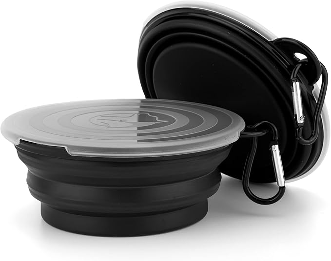 SLSON Dog Bowls Pet Collapsible Bowl with Cover Lids,2 Pack Dog Travel Bowls Portable Foldable Cat Water Dish Bowl for Pets Walking Parking Camping (Black and Black, Small)