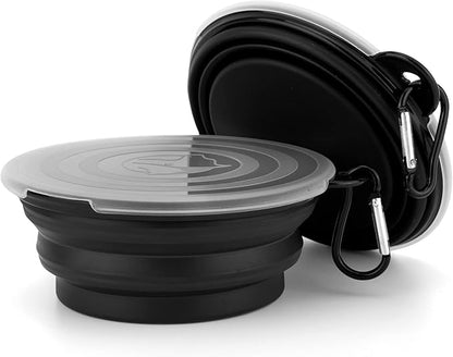 SLSON Dog Bowls Pet Collapsible Bowl with Cover Lids,2 Pack Dog Travel Bowls Portable Foldable Cat Water Dish Bowl for Pets Walking Parking Camping (Black and Black, Small)