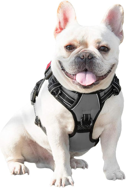PHOEPET No Pull Dog Harness Medium Reflective Front Clip Vest with Handle,Adjustable 2 Metal Rings 3 Buckles,[Easy to Put on & Take Off](M, Grey)