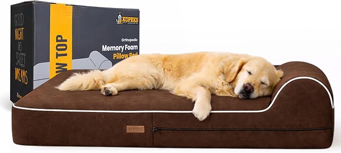 KOPEKS Orthopedic Memory Foam Dog Bed 7" Inch Thick Extra Large Dog Bed With Pillow Brown 50"x34"x10" Includes Waterproof Liner & Durable Removable Cover With Smart Design
