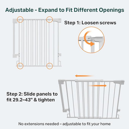 Cumbor 2 Pack 29.2-43" No Bottom Bar Baby Gate for Stairs, 2-in-1 Auto Close Dog Gate Indoor, Hardware Mounted Pet Gate for Doorways with Large Walk Thru Door, Child-Proof Safety Gate for Kids (White)