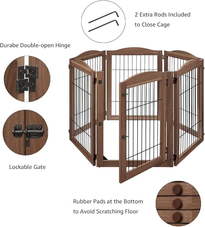 unipaws Pet Playpen with Wood and Wire, 6 Panels Extra Wide Freestanding Walk Through Dog Gate with 4 Support Feet, Foldable Stairs Barrier Pet Exercise Pen for Dogs Cats
