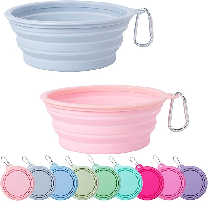 SLSON Collapsible Dog Bowl, 2Pack Macaron Color Pet Travel Bowls Silicone Foldable Water Feeder Dish for Small to Large Dogs Cat Walking Hiking Camping (Macaron Coral and Light Grey, Large)