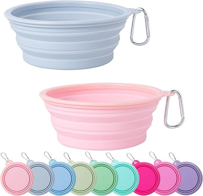 SLSON Collapsible Dog Bowl, 2Pack Macaron Color Pet Travel Bowls Silicone Foldable Water Feeder Dish for Small to Large Dogs Cat Walking Hiking Camping (Macaron Coral and Light Grey, Large)