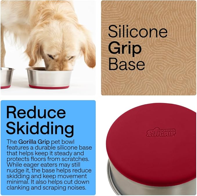 GORILLA GRIP Dog Bowls, Food Grade 304 Stainless Steel, Holds 6 Cups Each (48 fl oz) Food and Water Bowl for Feeding Dogs and Cats, Dishwasher Safe, Rust Resistant, BPA Free Rubber Base Set of 2 Red