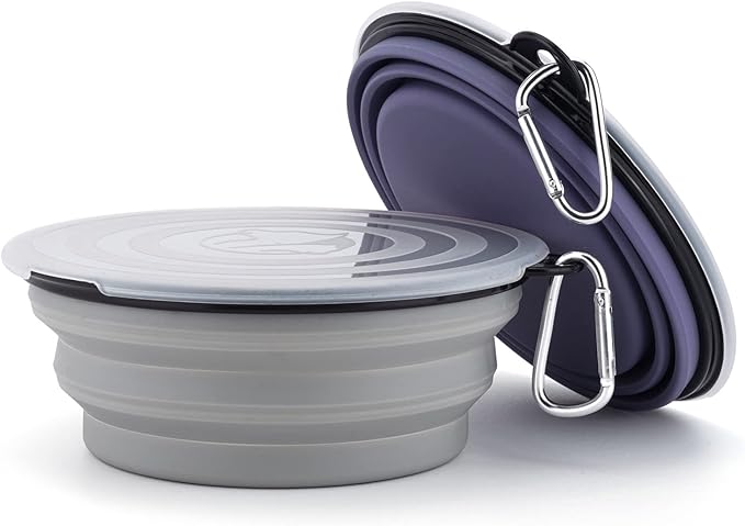 SLSON Dog Bowls Pet Collapsible Bowl with Cover Lids,2 Pack Dog Travel Bowls Portable Foldable Cat Water Dish Bowl for Pets Walking Parking Camping (Taro Purple and Concrete Gray, Large)