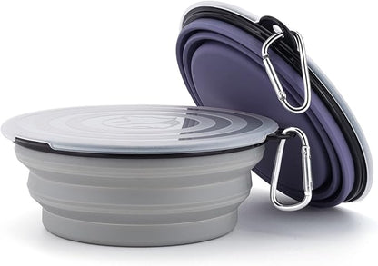 SLSON Dog Bowls Pet Collapsible Bowl with Cover Lids,2 Pack Dog Travel Bowls Portable Foldable Cat Water Dish Bowl for Pets Walking Parking Camping (Taro Purple and Concrete Gray, Large)