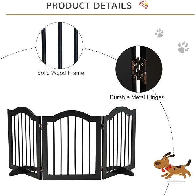 PawHut 24"H Foldable Dog Gate, 3 Panels Freestanding Pet Gate Barriers Indoor with Support Feet, Puppy Fence for Small Dogs, Black
