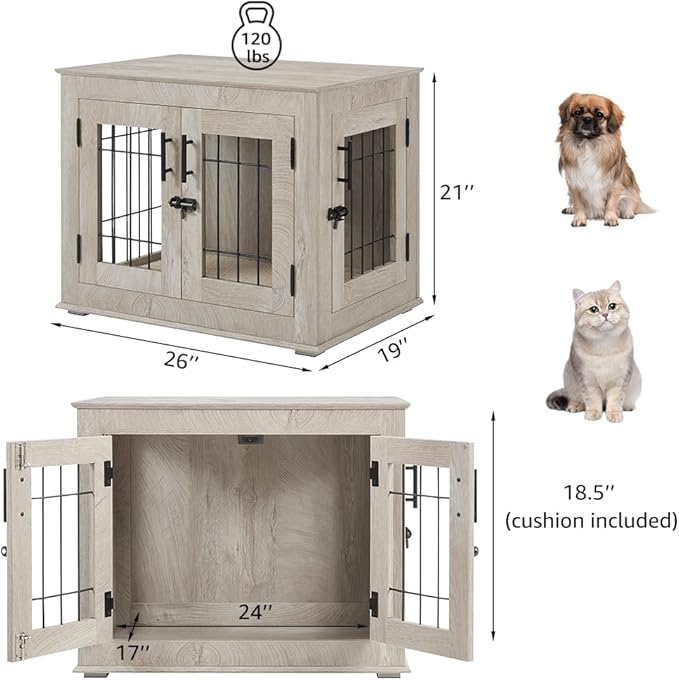 beeNbkks Furniture Style Dog Crate End Table, Double Doors Wooden Wire Dog Kennel with Pet Bed, Decorative Pet Crate Dog House Indoor Medium Large