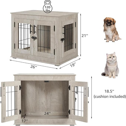 beeNbkks Furniture Style Dog Crate End Table, Double Doors Wooden Wire Dog Kennel with Pet Bed, Decorative Pet Crate Dog House Indoor Medium Large