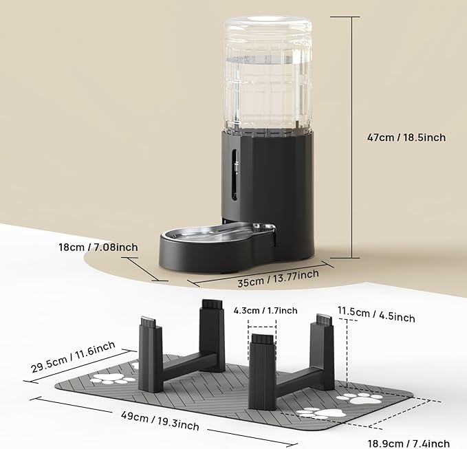 CZPET Elevated Dog Water Bowl Dispenser with Mat for Large Dogs,Tall Raised Pet Waterer Stand,Relieve Neck Pressure,Large Capacity and Drinking Area Noise-Free for Pets Dogs (9.5L+Stand+Mat,Black)