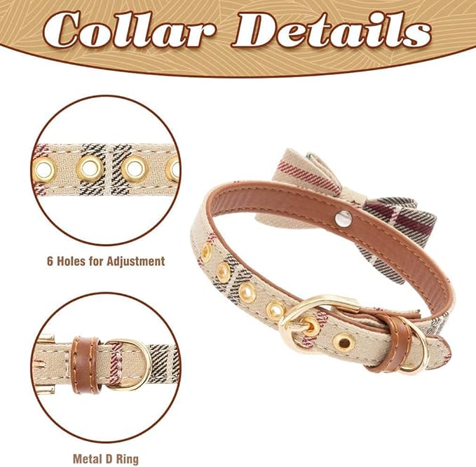 EXPAWLORER Dog Collar and Leash Set - Classic Plaid Dog Bow Tie and Dog Bandana Collar, Dog Leash Tangle Free, Adjustable Collars for Small Medium Large Dogs Cats, Holiday Ideal Gift