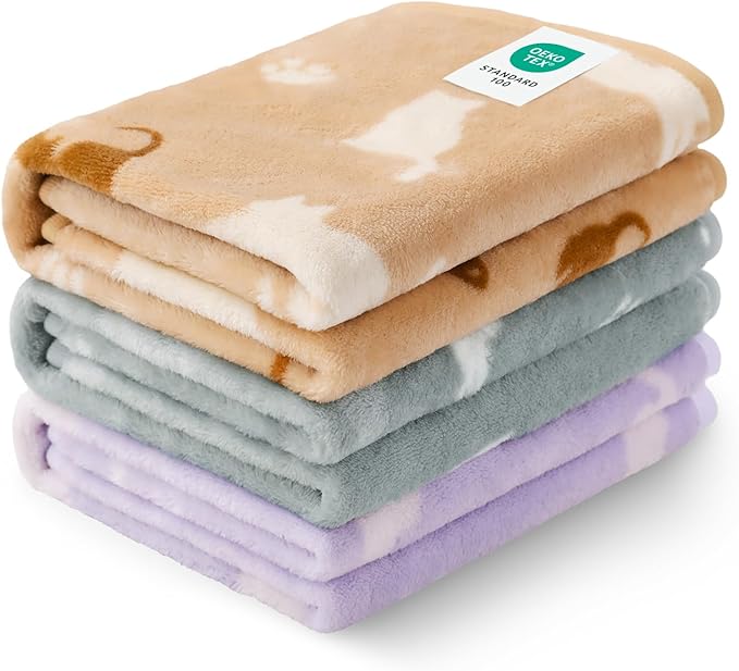 Luciphia 1 Pack 3 Cat Printed Fleece Pet Blankets Washable，Soft Warm Throw Covers for Crate Couch Bed，Cozy Puppy Essentials for Dogs and Cats，Purple/Grey/Khaki, Medium (30x20)