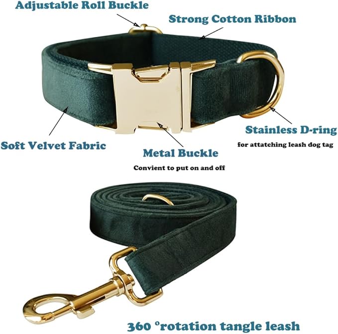 Love Dream Velvet Dog Collar and Leash Set, Soft & Comfy Adjustable Dog Leash and Collar with Heavy Duty Metal Buckle for Small Medium Large Dogs Training & Walking (Small, Green)