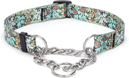 Martingale Dog Collar with Stainless Steel Chain - Limited Chain Cinch Training Collar for No Pull Training Dog - Flower Multicolor Cute Patterns - Premium No Slip Collar (M, Green)