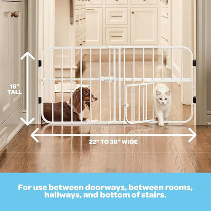Carlson 24-38" Lil Tuffy Expandable Metal Dog Gate for Doorways, Indoor Pet Gate with Small Pet Door, No-Drill Pressure Mount, White