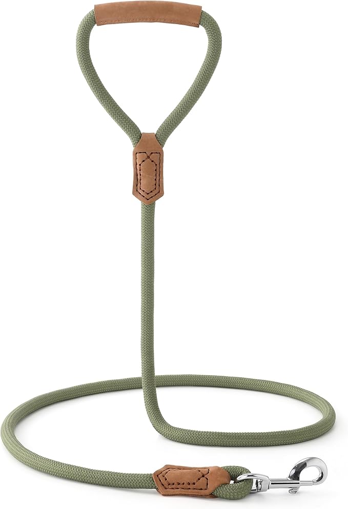 Mile High Life Leather Dog Leash, Heavy Duty Strong Genuine Leather Handle Rope Leash Soft and Comfortable for Small Medium Large Dogs (Olive Green, 60 Inch)