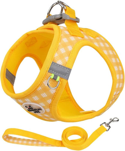 Soft Mesh Dog Harness and Leash Set, Step-in Escape Proof Vest Harnesses, Reflective Breathable Pet Harness Adjustable Plaid Pet Outdoor Harnesses for Medium Dogs, Yellow L